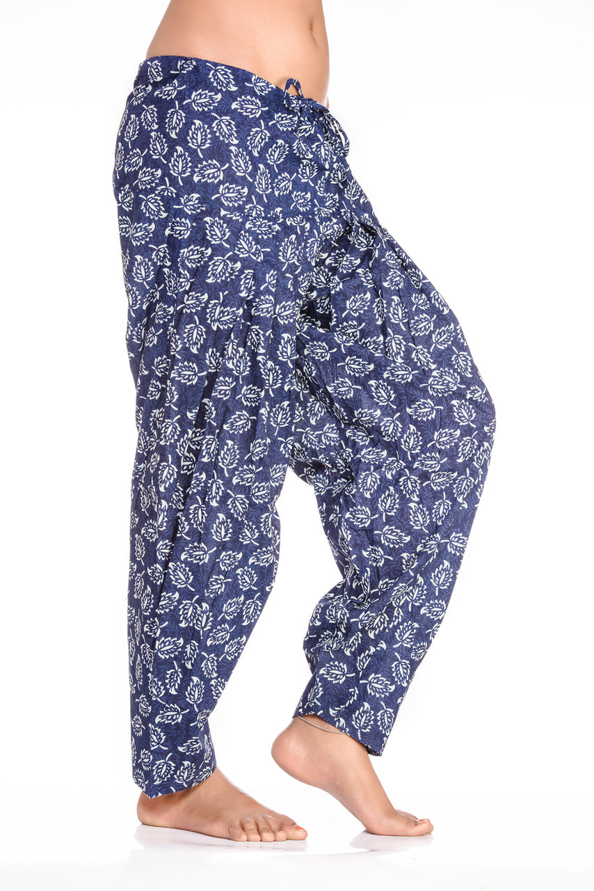 Side view of Dancing Leaves Print Harem Pants, showing the garment shape and drape.