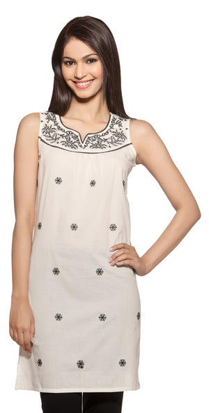 In-Sattva Women's Long Kurta Tunic with Delicate Embroidered Neckline Detail, front view