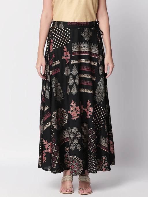 Product overview of Ethnicity Artisan Boho Printed Black Lehenga Skirt, showing the garment style and overall silhouette.