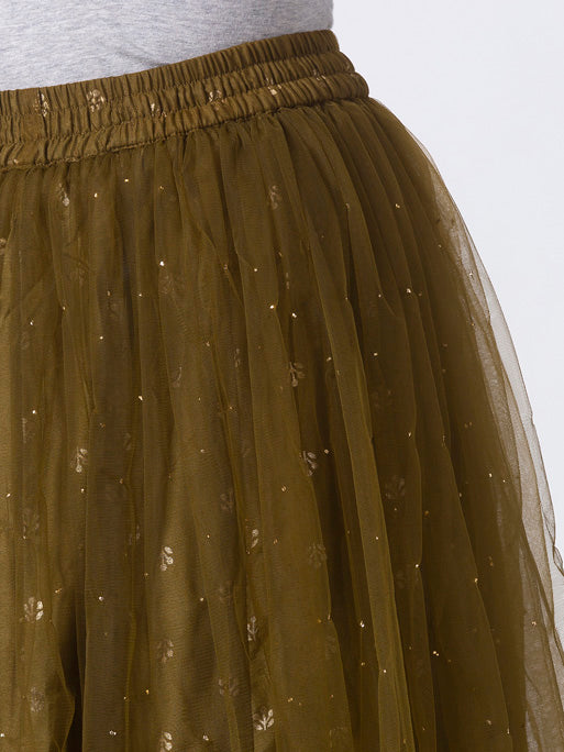Product view of Ethnicity Artisan Olive Lehenga Skirt with Gold Print, highlighting its visible print, color, or surface design.