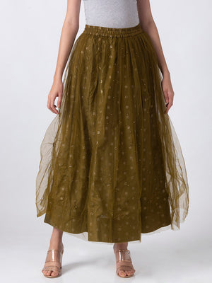 Product overview of Ethnicity Artisan Olive Lehenga Skirt with Gold Print, showing the garment style and overall silhouette.