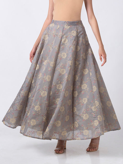 Product overview of Ethnicity Handcrafted Gold Floral Gray Lehenga Skirt, showing the garment style and overall silhouette.