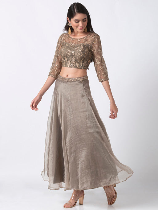 Product overview of Ethnicity Handcrafted Grey Organza Lehenga Skirt with Embroidered Belt, showing the garment style and overall silhouette.
