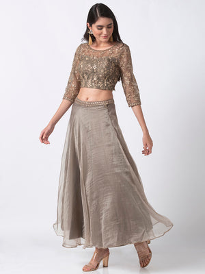 Product overview of Ethnicity Handcrafted Grey Organza Lehenga Skirt with Embroidered Belt, showing the garment style and overall silhouette.