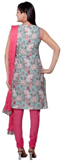 women's Floral Cotton Salwar Set with Potli Buttons from behind, showing the back of the kurta and its overall shape.