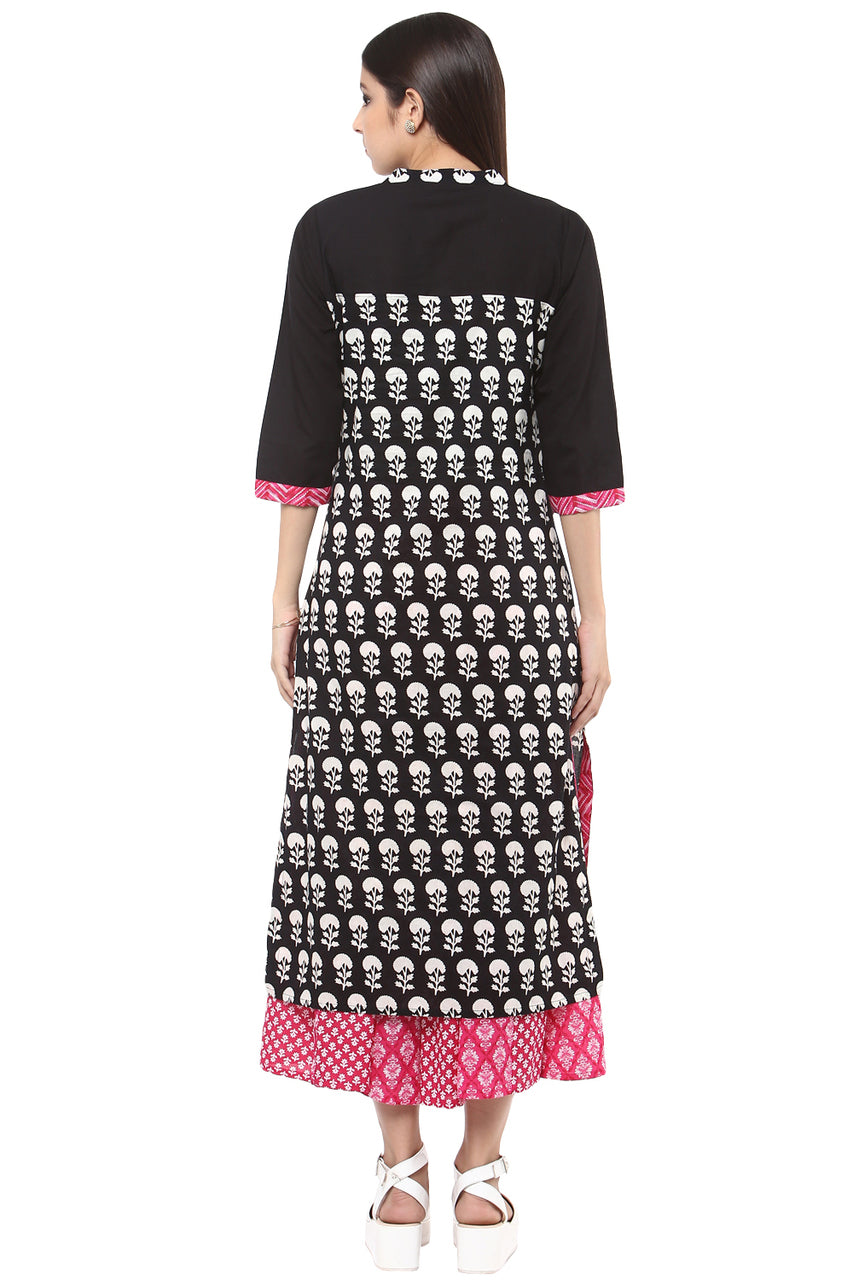 In-Sattva Women's Floral Print Long Kurta Tunic - Pure Cotton with round neck, back view