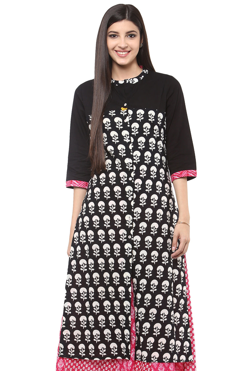 In-Sattva Women's Floral Print Long Kurta Tunic - Pure Cotton with round neck, front view