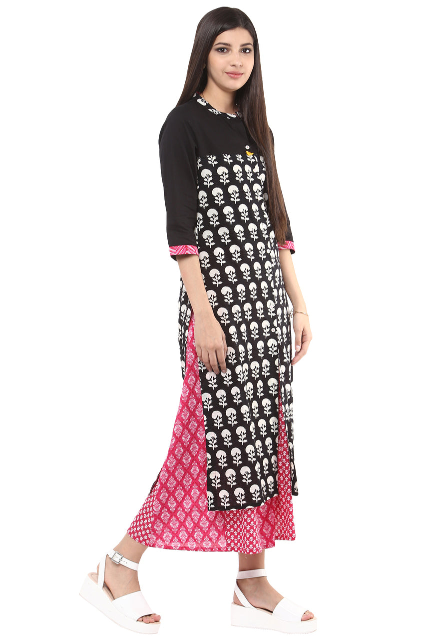 In-Sattva Women's Floral Print Long Kurta Tunic - Pure Cotton with round neck, side view