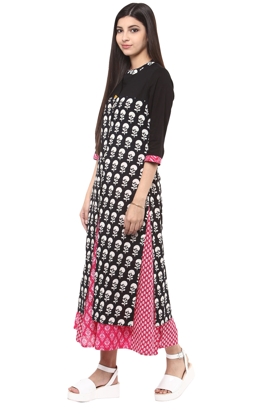 In-Sattva Women's Floral Print Long Kurta Tunic - Pure Cotton with round neck, side view