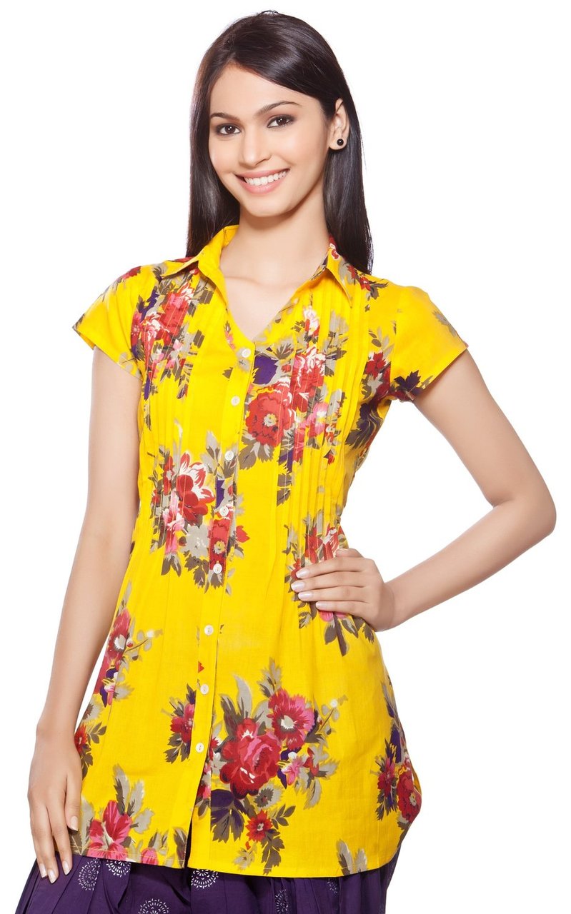 In-Sattva Women's Floral Print Short Kurta - Front with front pleats by Akkriti, front view
