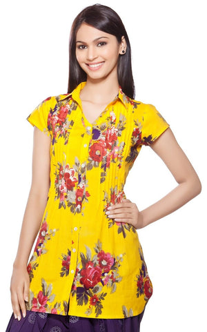 In-Sattva Women's Floral Print Short Kurta - Front with front pleats by Akkriti, front view