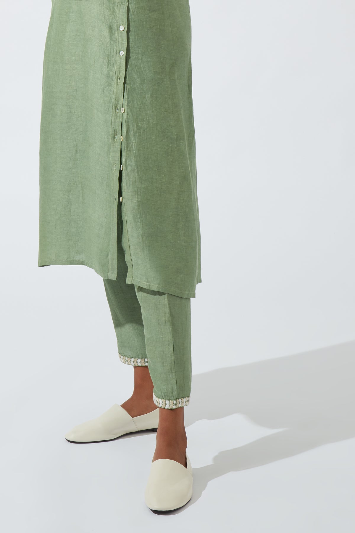 In-Sattva Women's Forest Green Silk-Linen Kurta Dress with Front Buttons, product photo 5