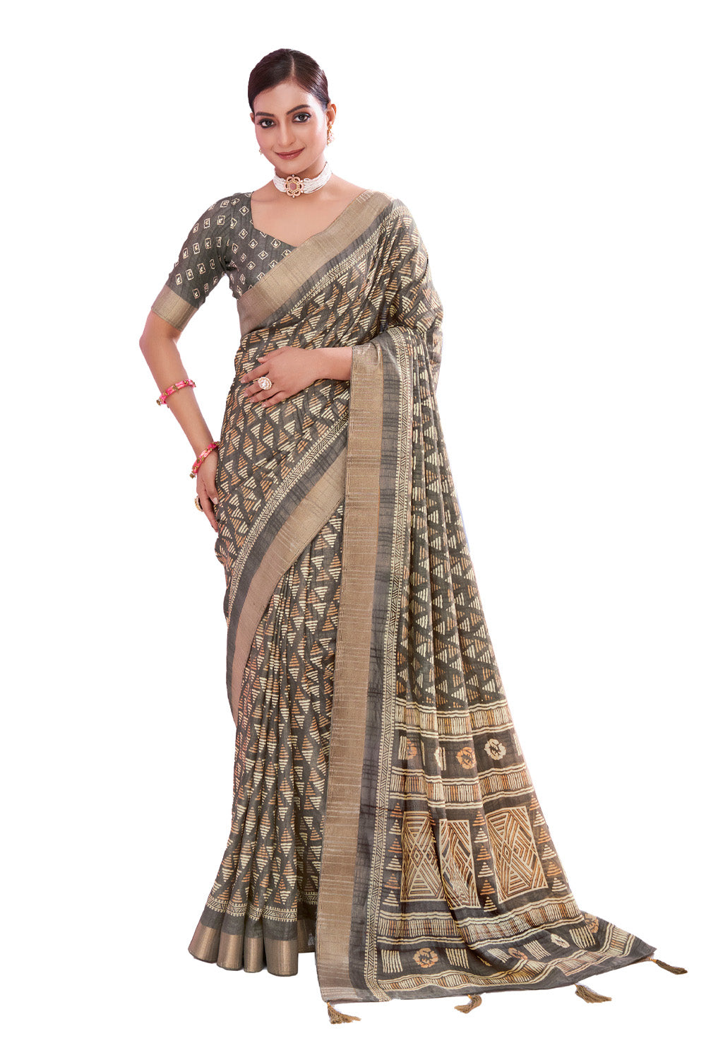 Additional product image of Fossil Gray Handloom Dola Silk Saree by In-Sattva, featuring printed design