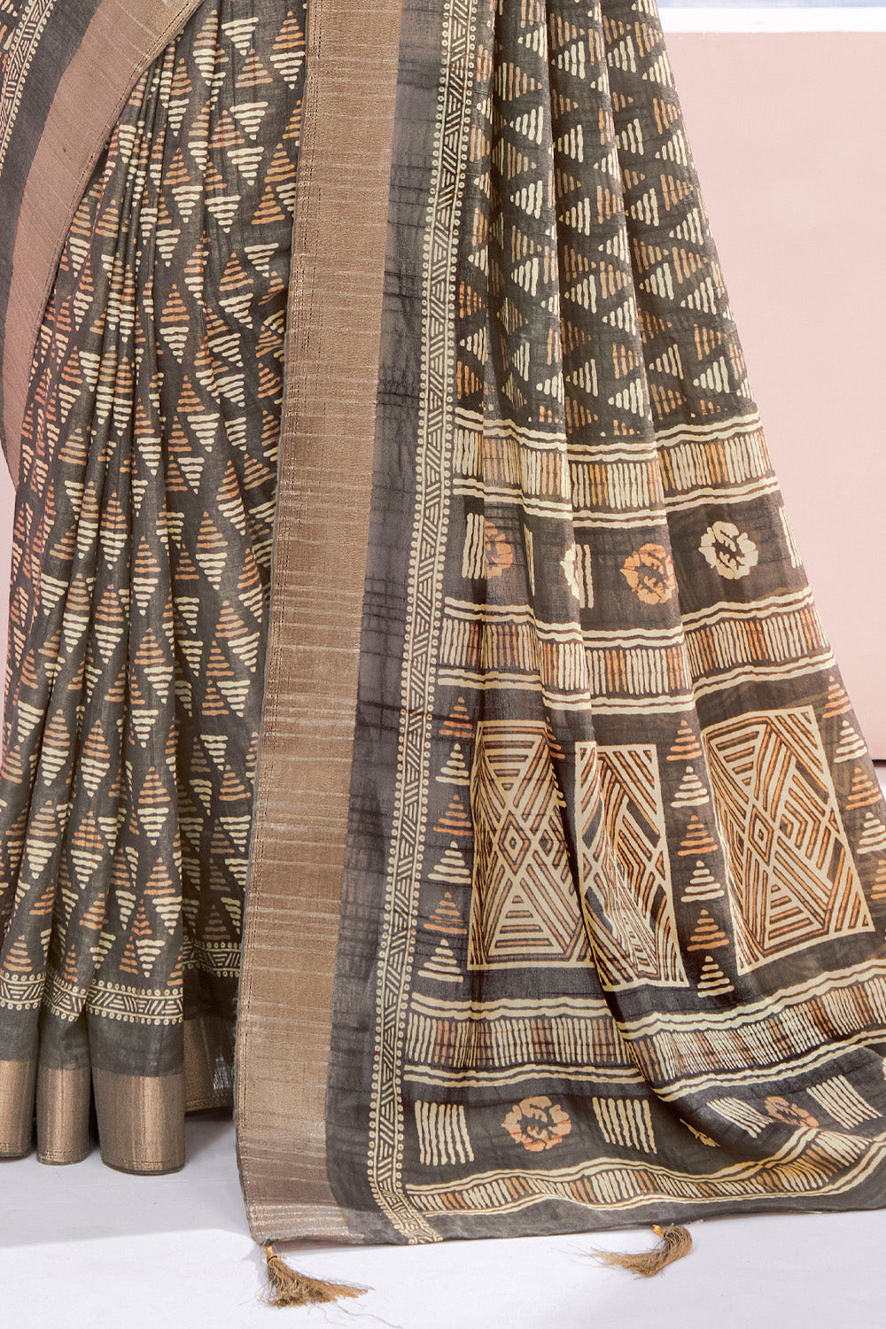 Another view of In-Sattva Fossil Gray Handloom Dola Silk Saree, designed with printed design