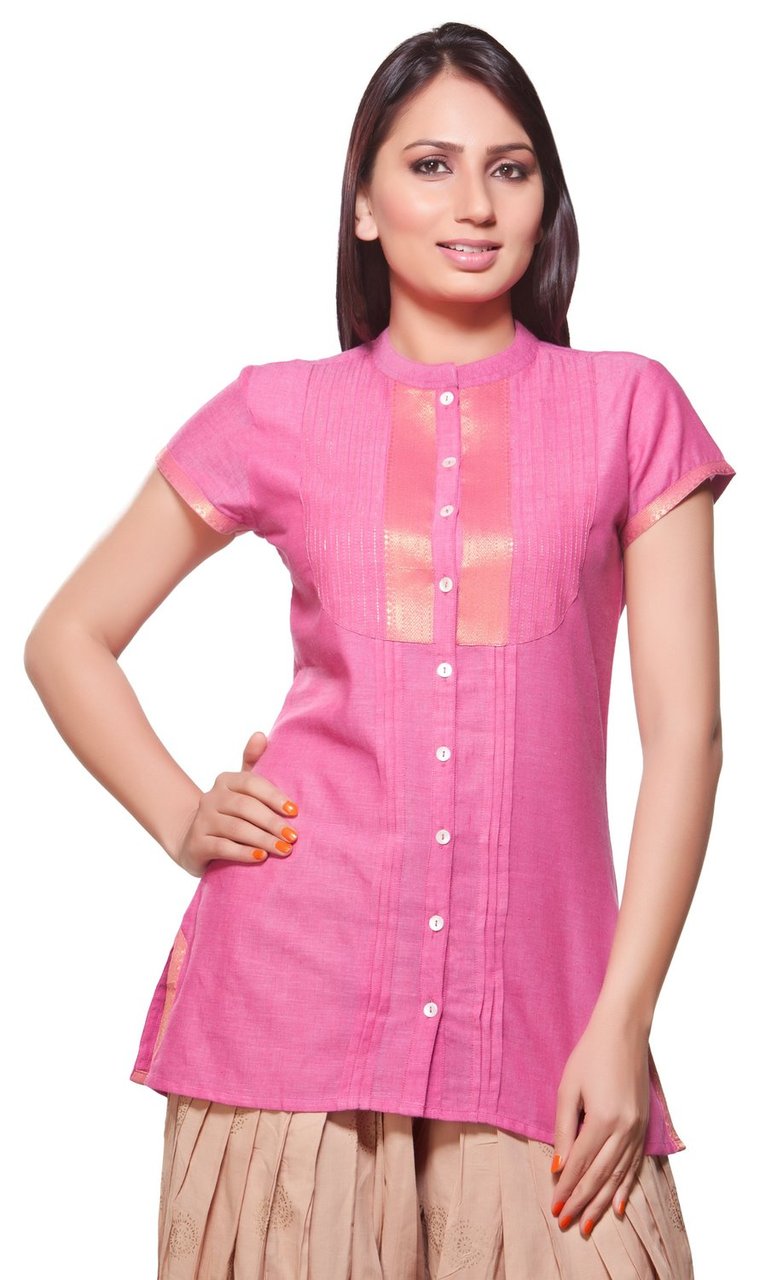 In-Sattva Women's Short Kurta Tunic with Front Buttons and Pleat Detail, front view