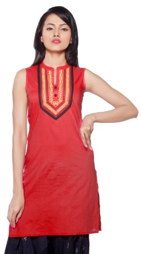 In-Sattva Women's Fuchsia Long Kurta Tunic with Embroidered Neckline Detail, front view
