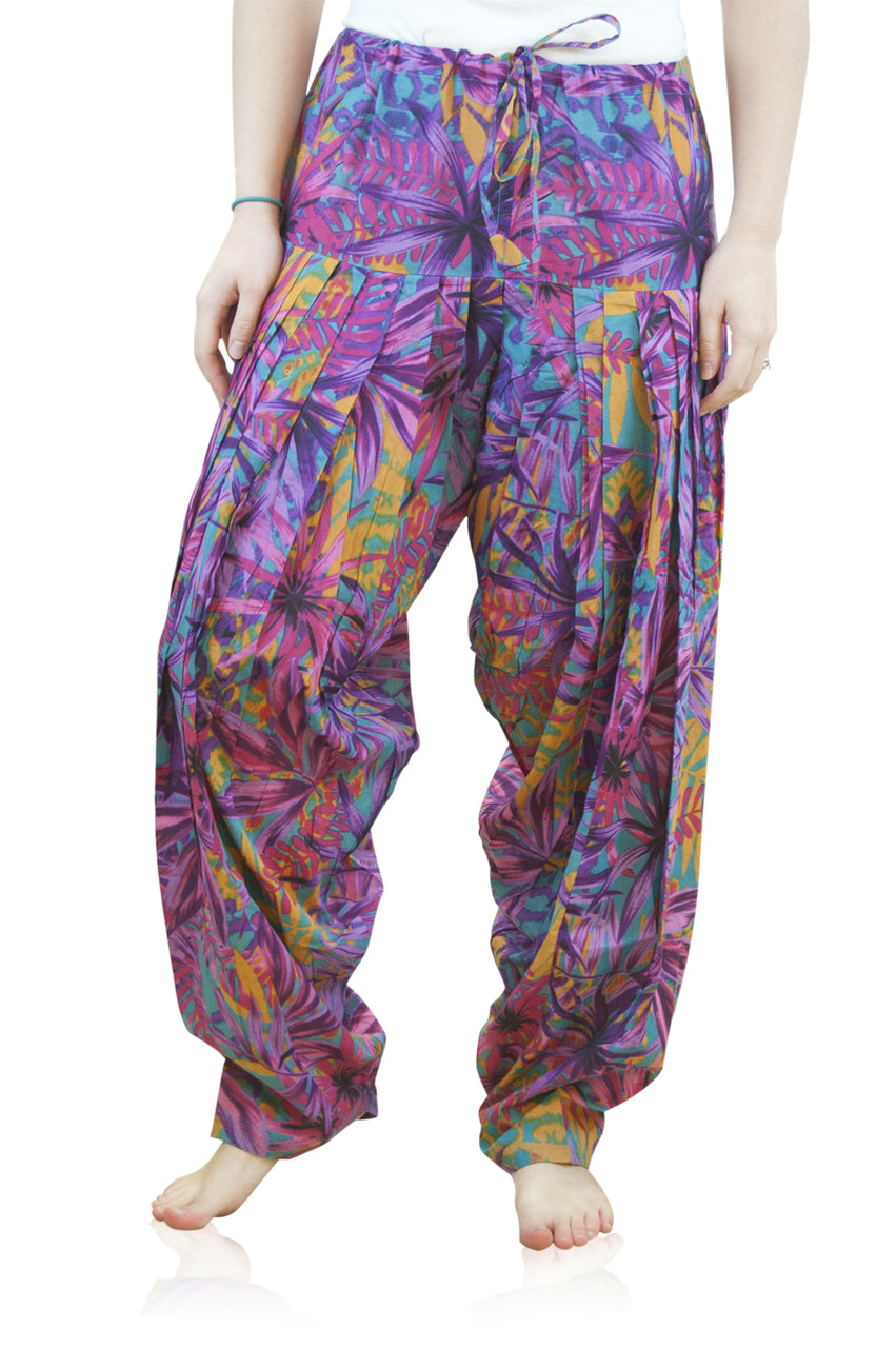 Front view of Full-Length Patiala Dancer Pants Faded Purple Foliage Print, with Scarf, showing the relaxed pants silhouette and visible color or pattern.