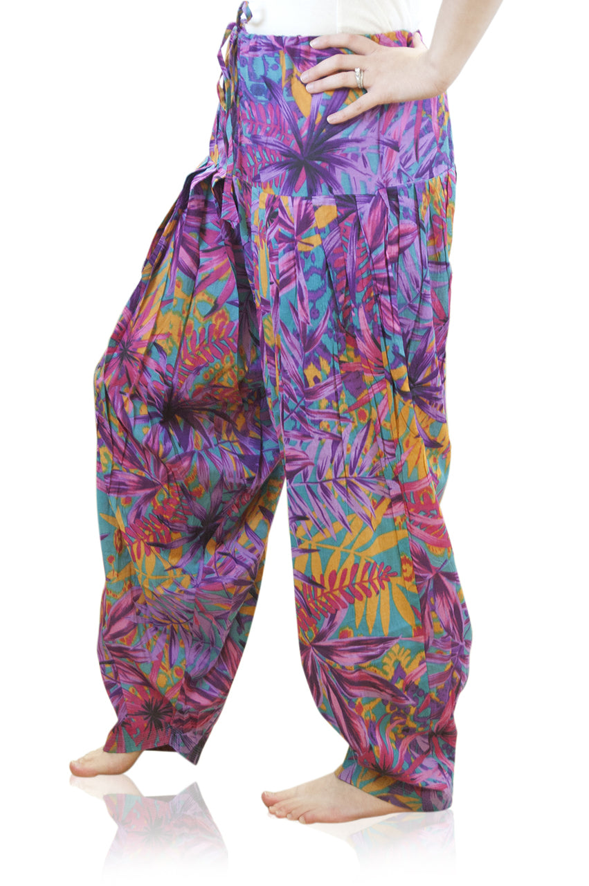 Side view of Full-Length Patiala Dancer Pants Faded Purple Foliage Print, with Scarf, showing the garment shape and drape.