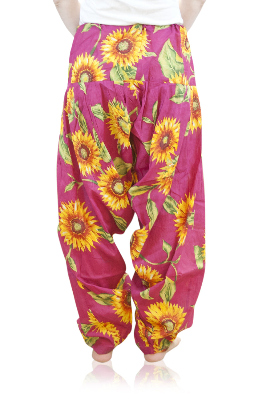 Back view of Full-Length Patiala Dancer Pants Sunflower Print, with Scarf in Fuchsia Sunflowers, showing the rear silhouette and garment finish.