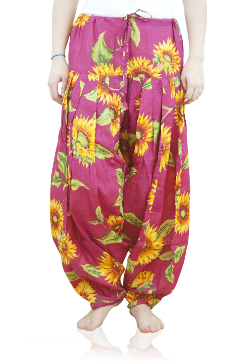 Front view of Full-Length Patiala Dancer Pants Sunflower Print, with Scarf in Fuchsia Sunflowers, showing the relaxed pants silhouette and visible color or pattern.