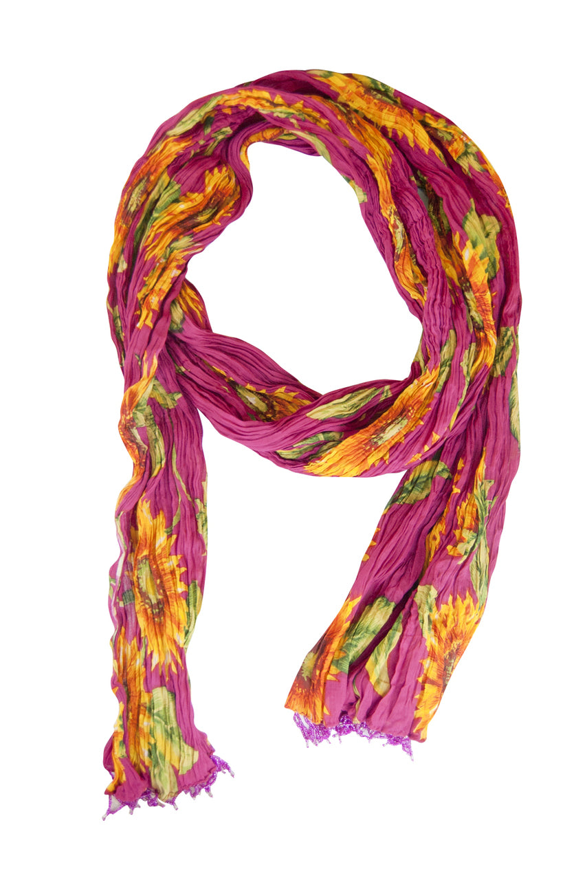 Additional view of the matching scarf for Full-Length Patiala Dancer Pants Sunflower Print, with Scarf in Fuchsia Sunflowers, showing its color and design.