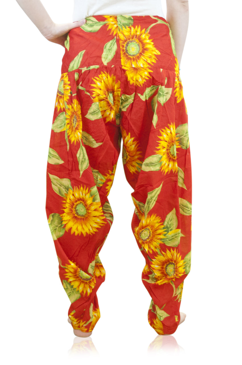 Back view of Full-Length Patiala Dancer Pants Sunflower Print, with Scarf in Red Sunflowers, showing the rear silhouette and garment finish.