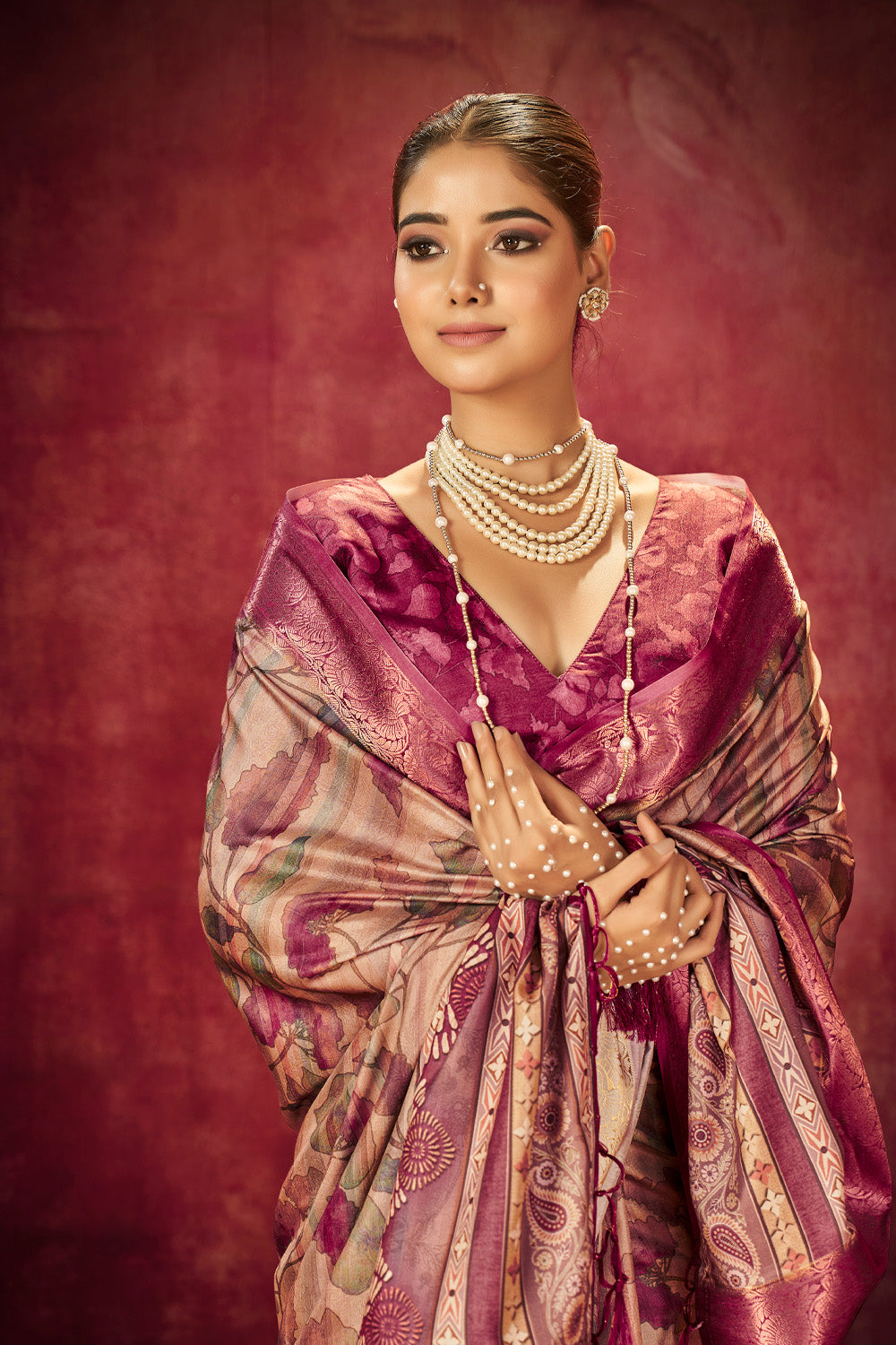 In-Sattva Gentle Burgundy Floral Handloom Bandhni Dola Silk Saree featuring floral Bandhni-inspired print