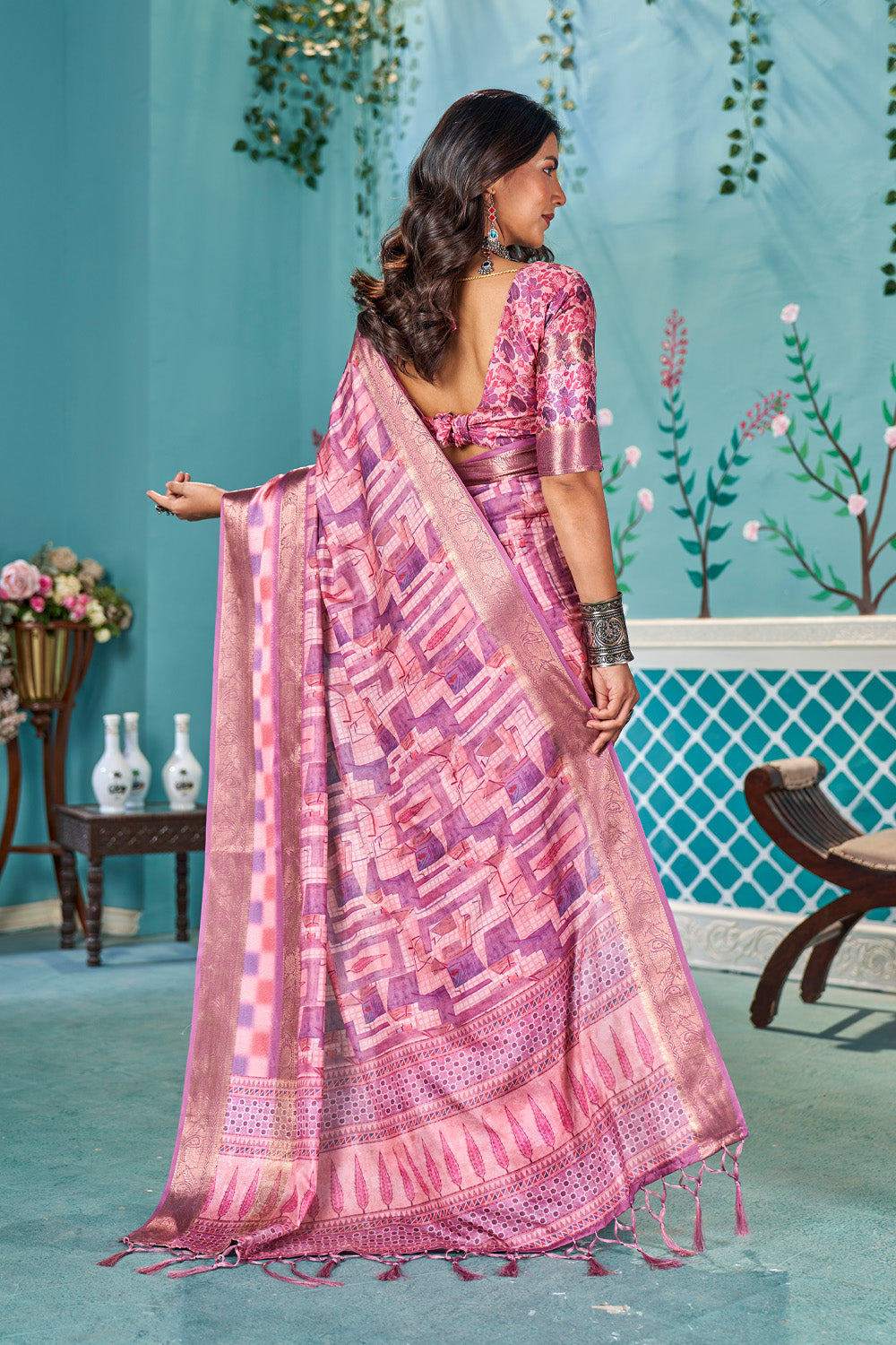 In-Sattva Grape Pink Handloom Bandhni Dola Silk Saree in dola silk drape, additional textile photograph