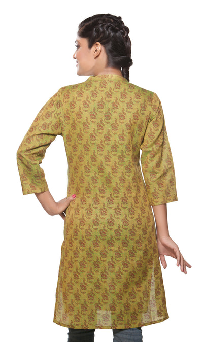 In-Sattva Women's Green Leaf Print Long Kurta Tunic, back view