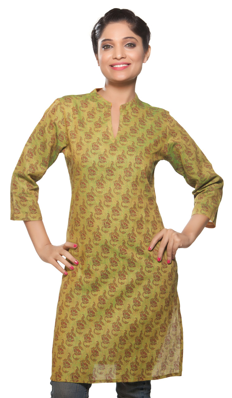 In-Sattva Women's Green Leaf Print Long Kurta Tunic, front view
