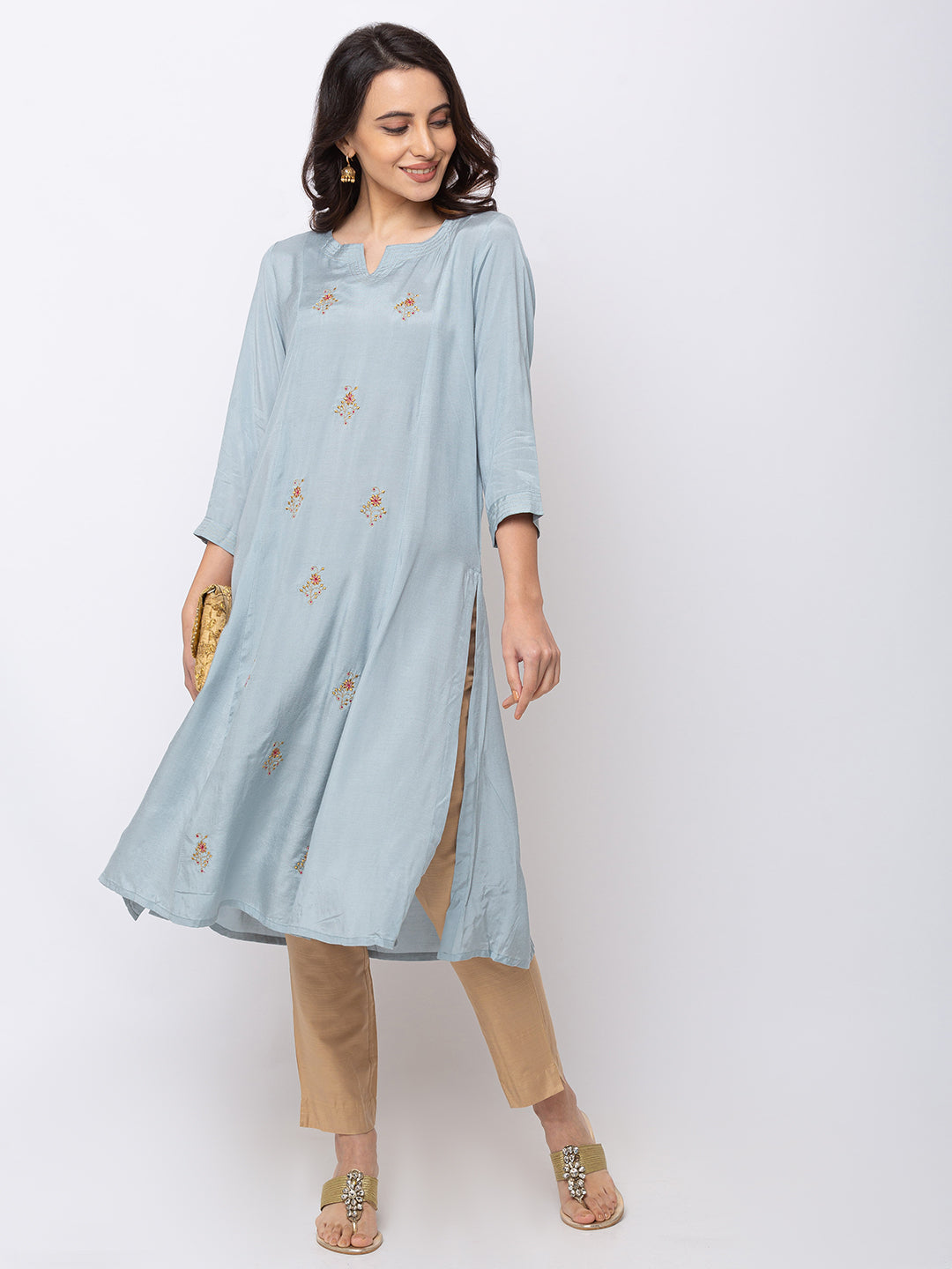 In-Sattva Women's Grey & Blue Embroidered Long Kurta Tunic by Ethnicity, product photo 1