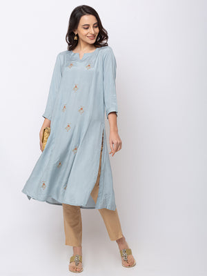 In-Sattva Women's Grey & Blue Embroidered Long Kurta Tunic by Ethnicity, product photo 1