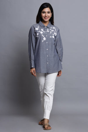 In-Sattva Women's Grey Cotton Tunic Shirt with embroidery, front view