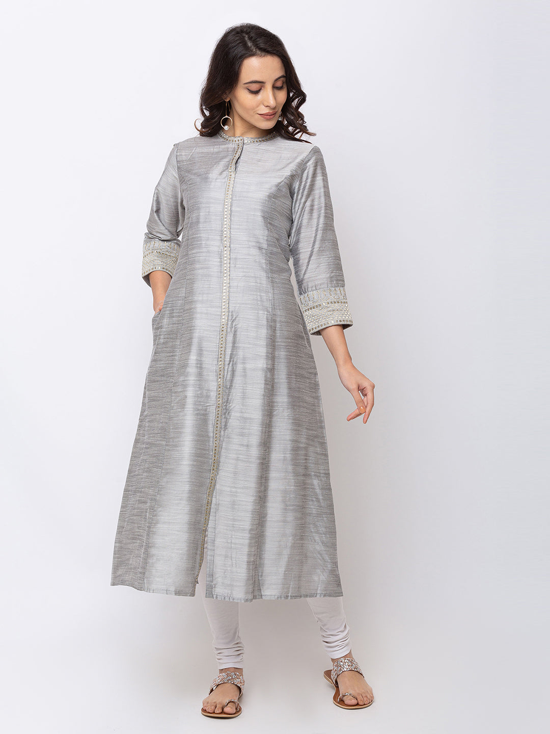 In-Sattva Women's Grey Kurta Dress with button-down front & metallic details, product photograph 1