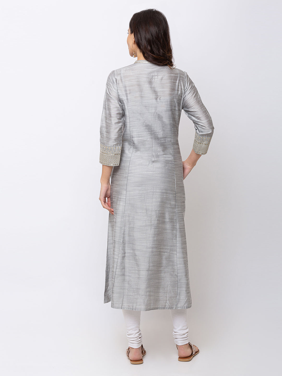 In-Sattva Women's Grey Kurta Dress with button-down front & metallic details, product photograph 3