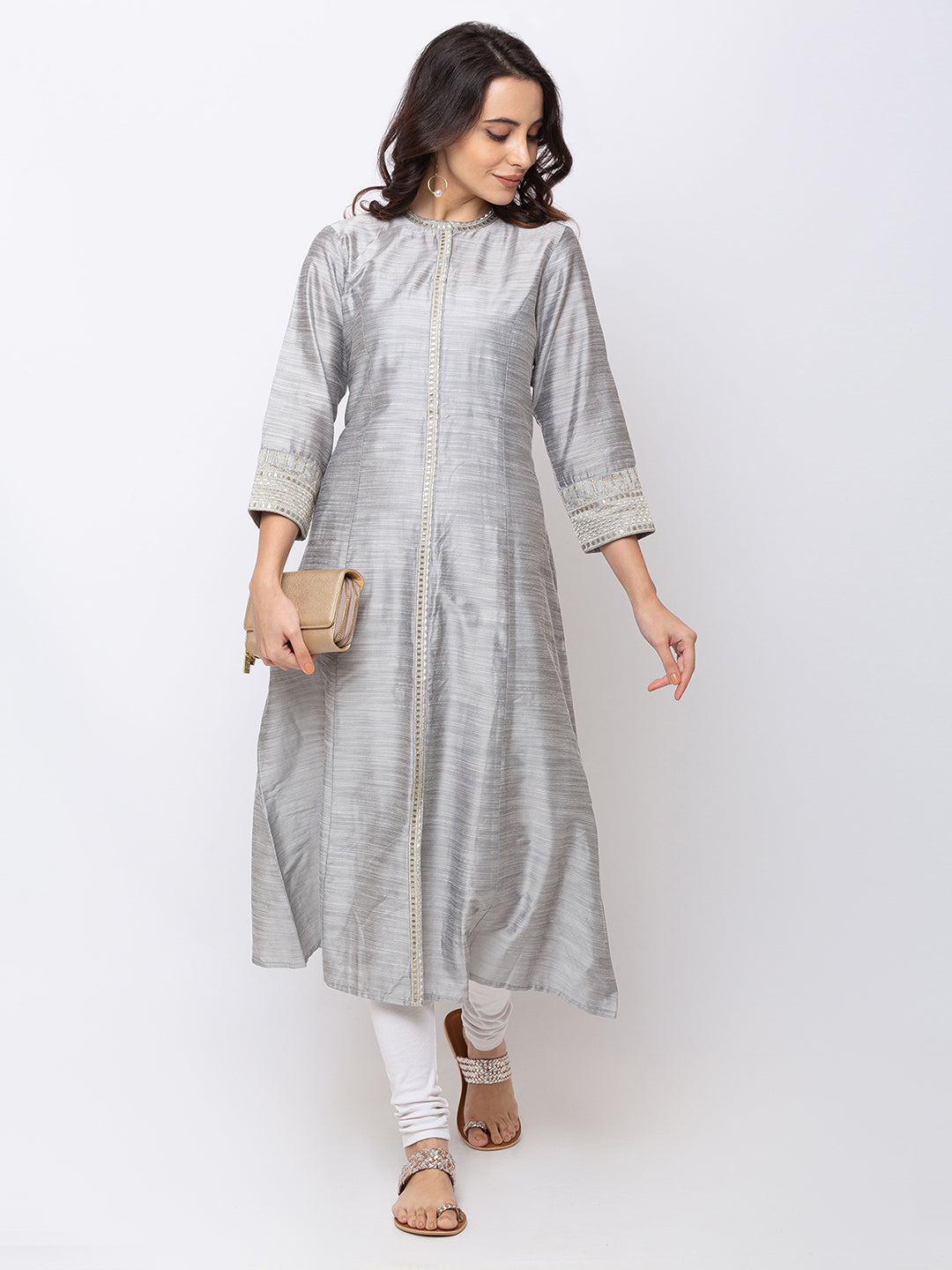 In-Sattva Women's Grey Kurta Dress with button-down front & metallic details, product photograph 5