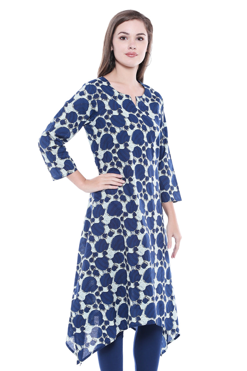 Women's Indian Summer Indigo Print Asymmetrical Kurta Tunic, front view showing the overall silhouette and printed design