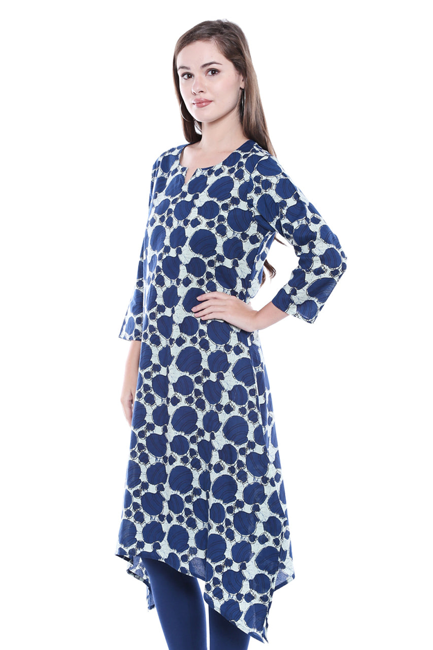 Side view of Women's Indian Summer Indigo Print Asymmetrical Kurta Tunic, showing the fit, cut and drape