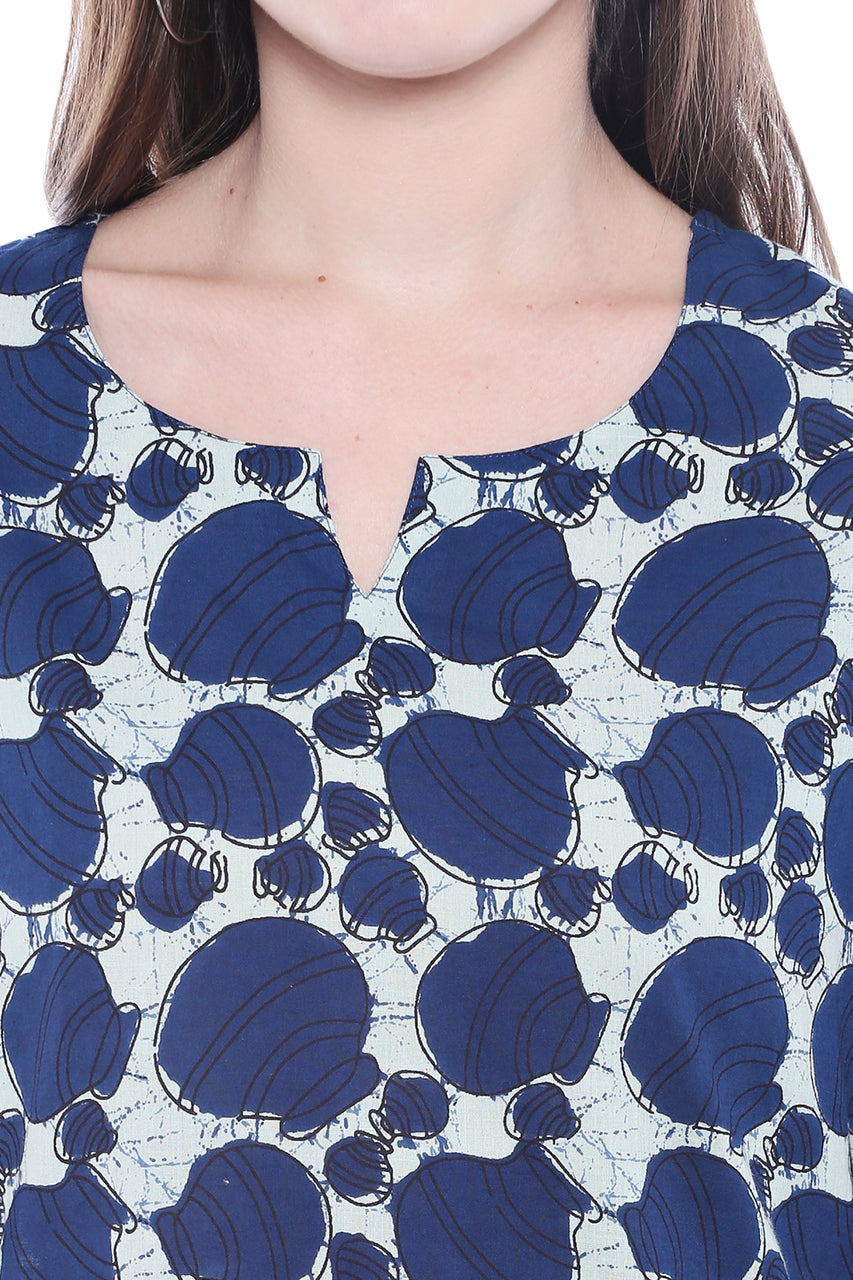 Three-quarter view of Women's Indian Summer Indigo Print Asymmetrical Kurta Tunic, highlighting shape and drape at an angle