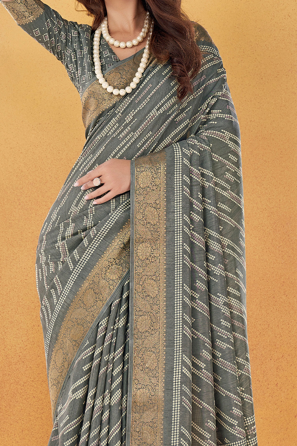 Another view of In-Sattva Jade Green Bandhni Dola Silk Saree, designed with traditional Bandhani print
