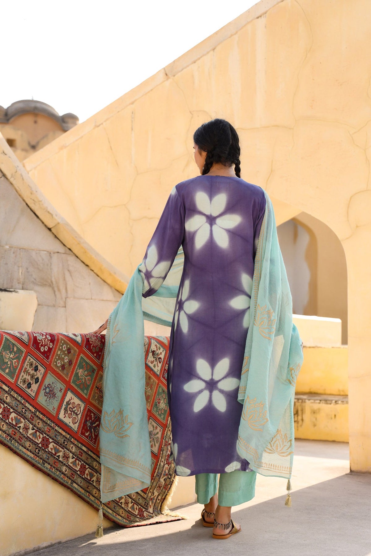 In-Sattva Women's Lavender & Aqua Tie-Dye Kurta Tunic in Pure Cotton, back view