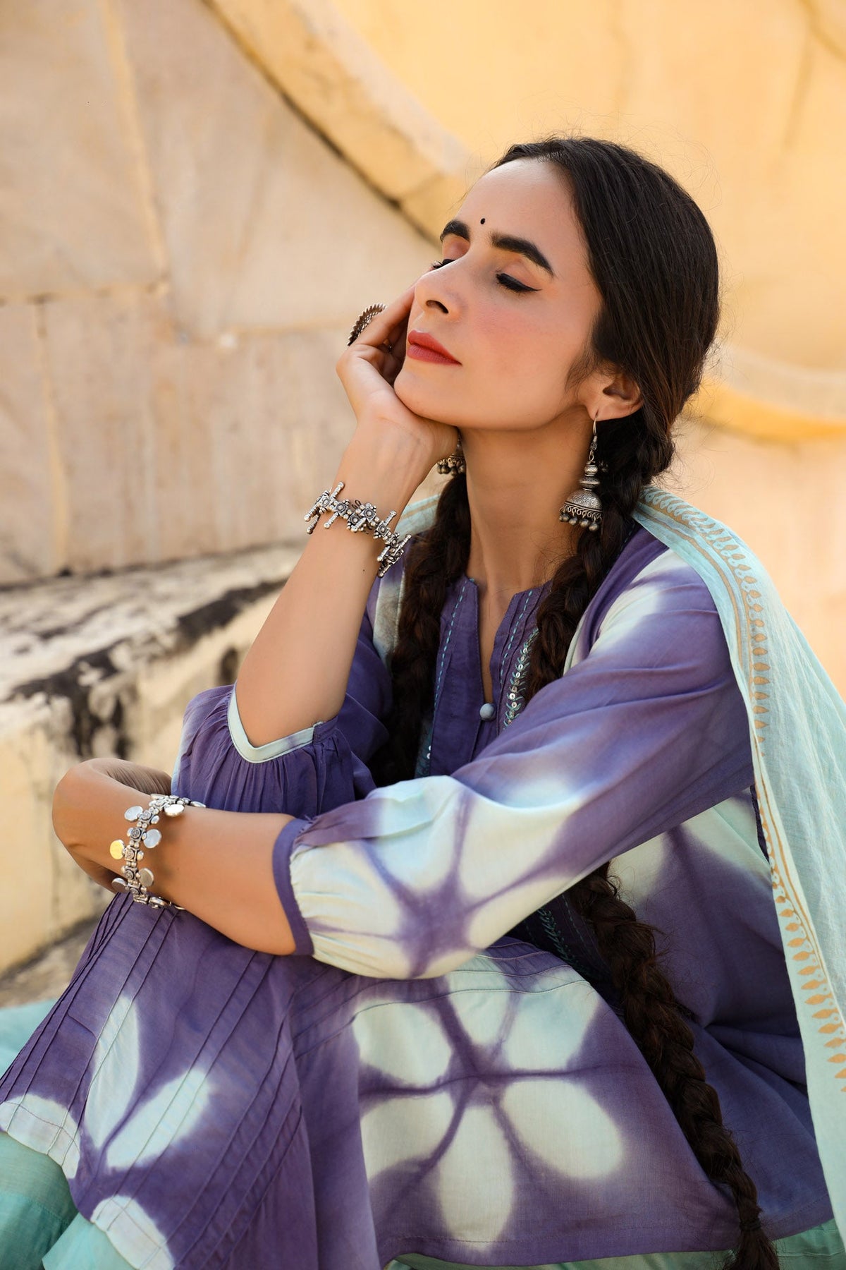 In-Sattva Women's Lavender & Aqua Tie-Dye Kurta Tunic in Pure Cotton, product photograph 3