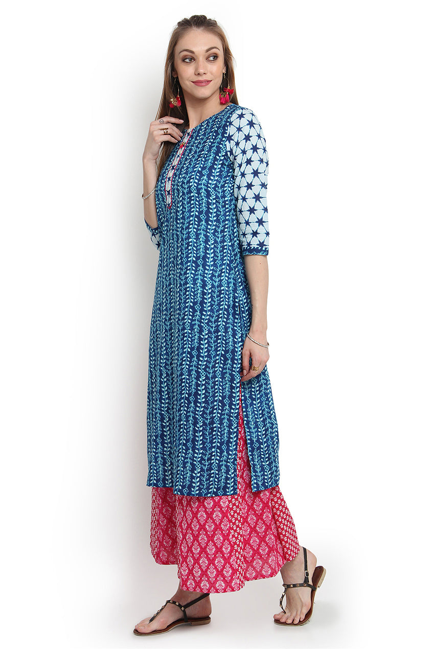 Back view of Women's Pure Cotton Leaf Print Classic Indian Kurta Tunic, showing the rear silhouette and finishing