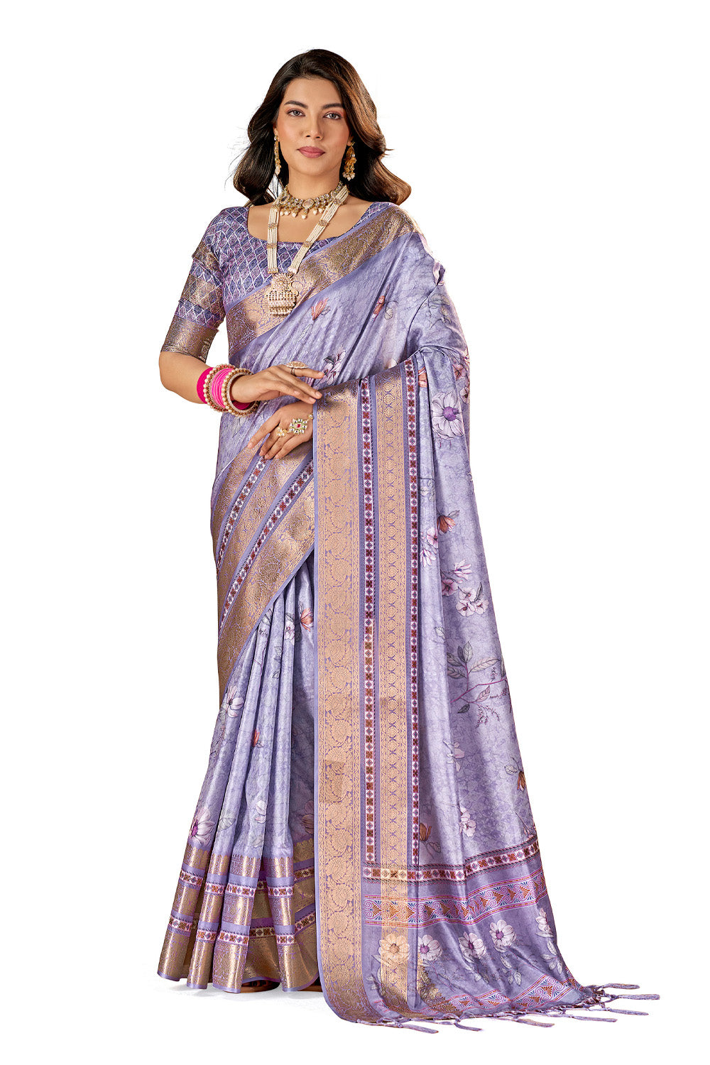 Additional product image of Luxurious Lavender Floral Print Dola Silk Saree by In-Sattva, featuring floral print motifs