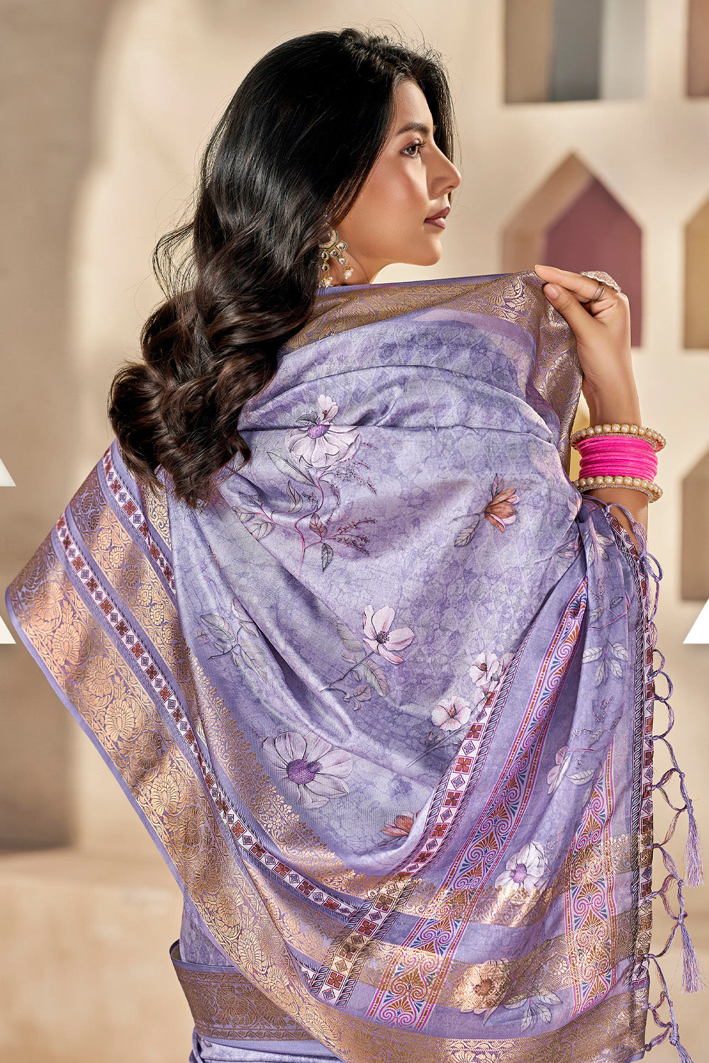 Another view of In-Sattva Luxurious Lavender Floral Print Dola Silk Saree, designed with floral print motifs