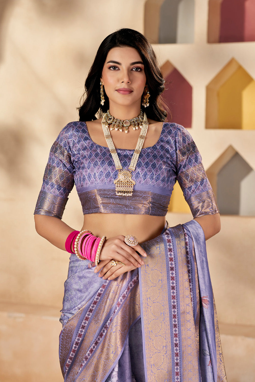 In-Sattva Luxurious Lavender Floral Print Dola Silk Saree featuring floral print motifs