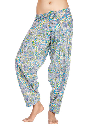 Front view of Mosaic Print Harem Pants in Blue Mosaic, showing the relaxed pants silhouette and visible color or pattern.