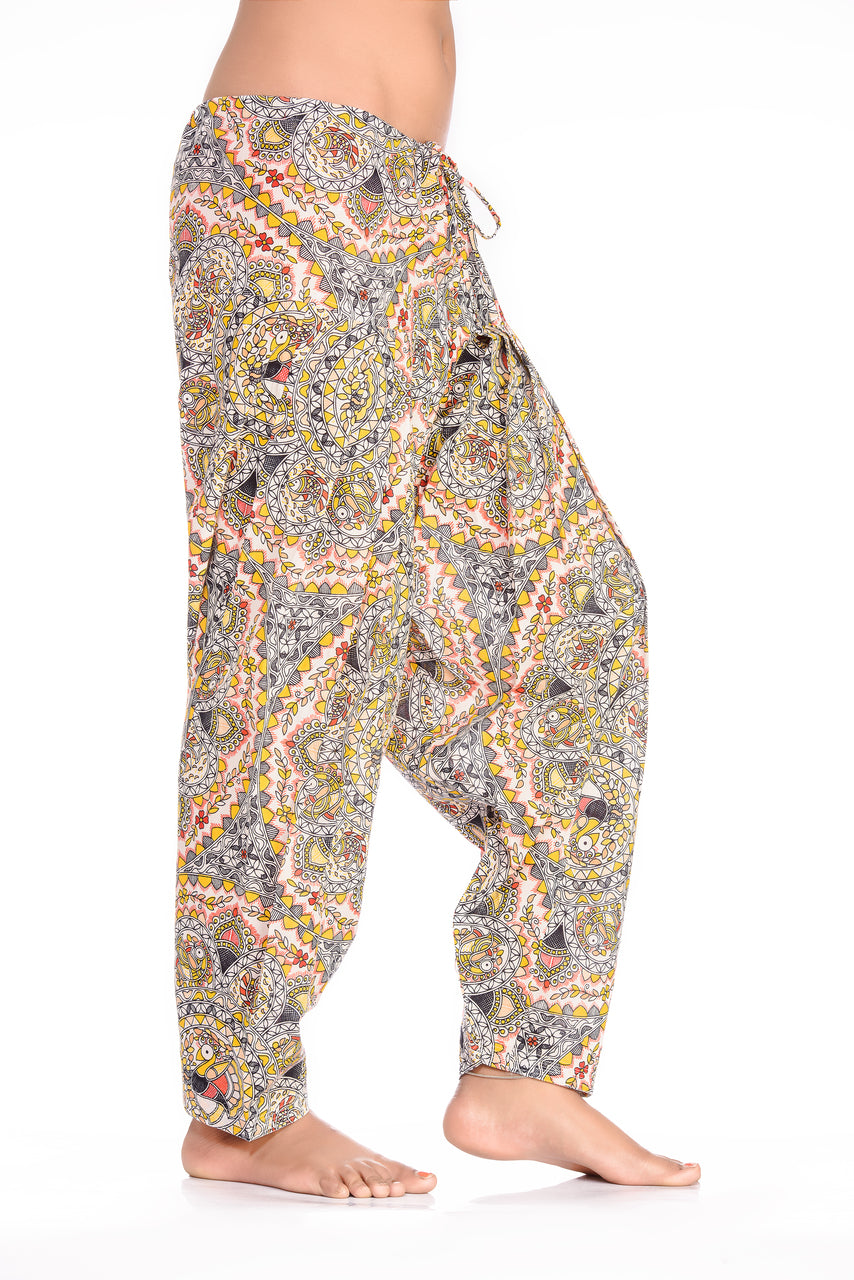 Side view of Mosaic Print Harem Pants in Yellow Mosaic, showing the garment shape and drape.