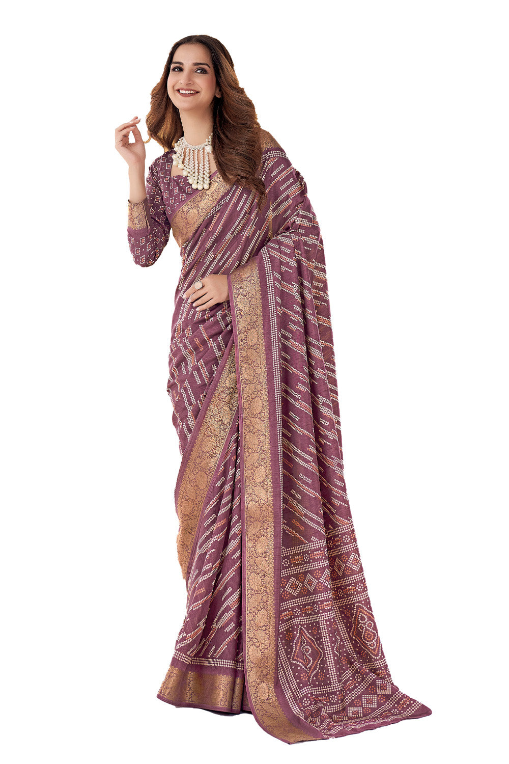 Additional product image of Mulberry Lavender Bandhni Dola Silk Saree by In-Sattva, featuring traditional Bandhani print