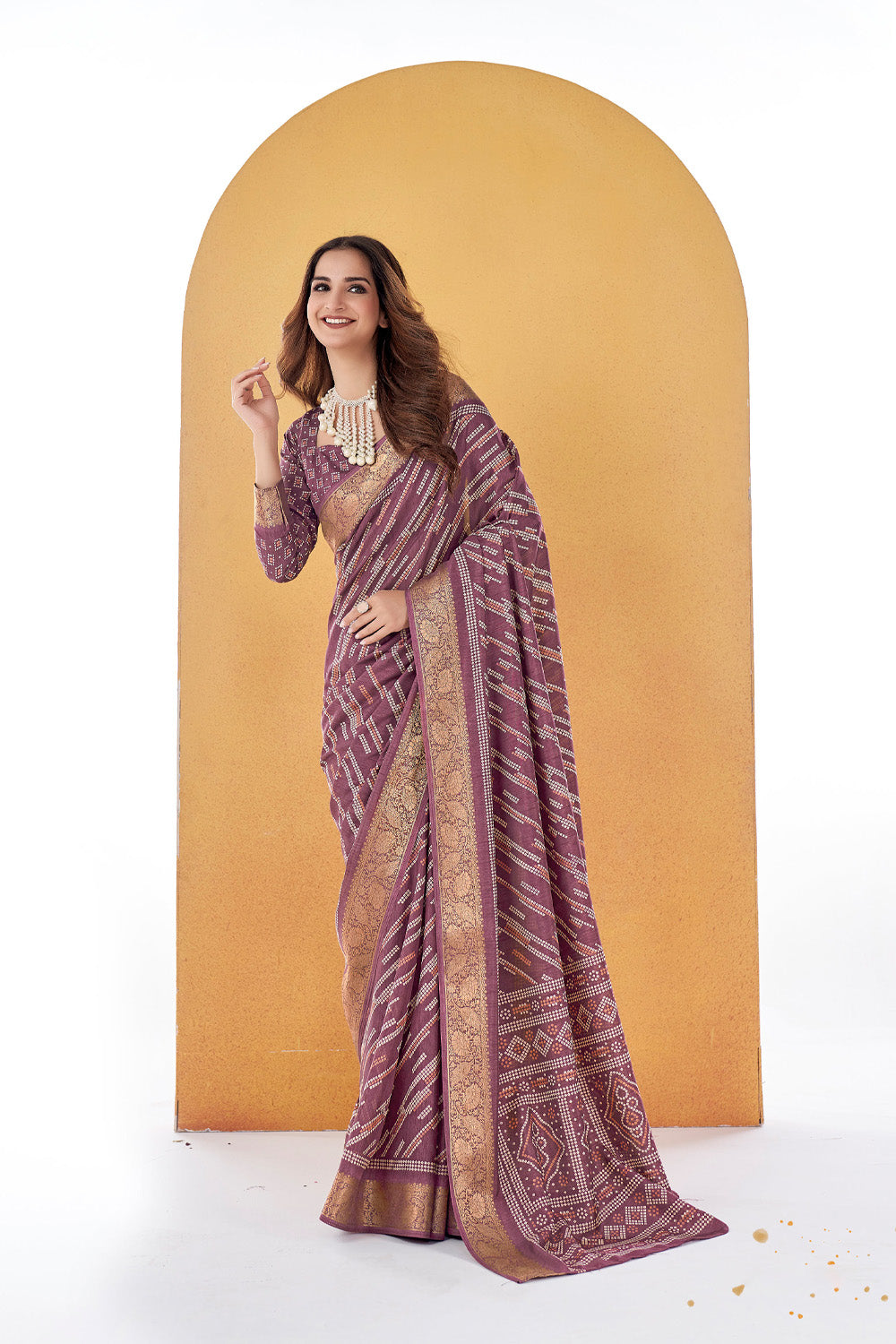 Alternate product photograph of Mulberry Lavender Bandhni Dola Silk Saree by In-Sattva, in dola silk
